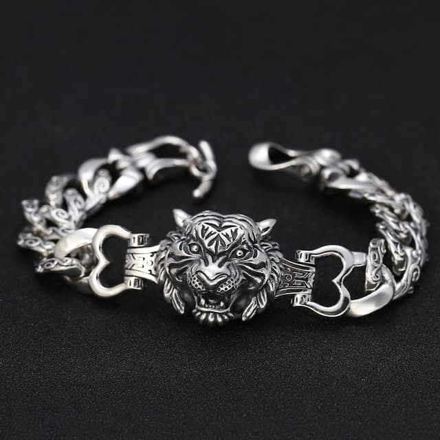 Wholesale s925 sterling silver fashion personality domineering tiger head Bracelet Men's old Thai silver tide all-match hand ornaments