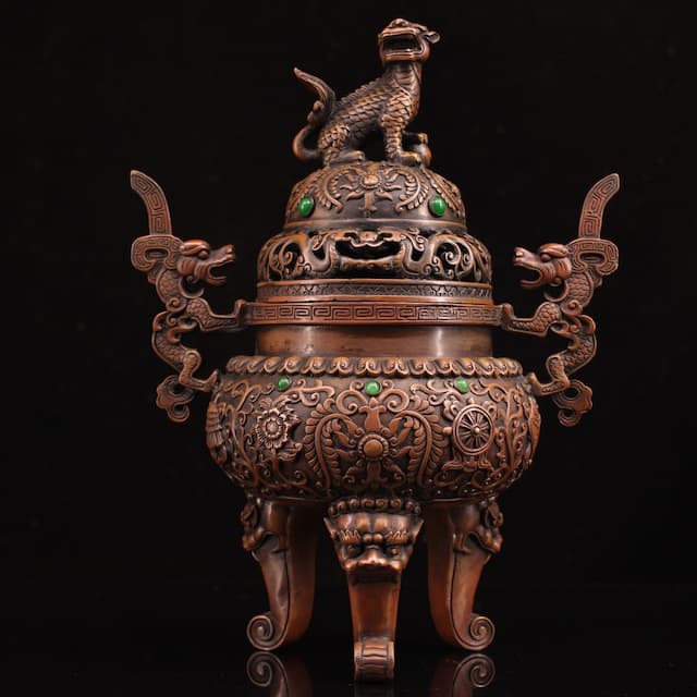 Handmade inlaid gem incense burner home office decoration gift crafts antique collection copper incense burner